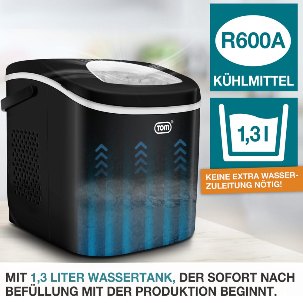 Tragbare und kompakte Eiswürfelmaschine (12kg/Tag) mit LED-Anzeige.