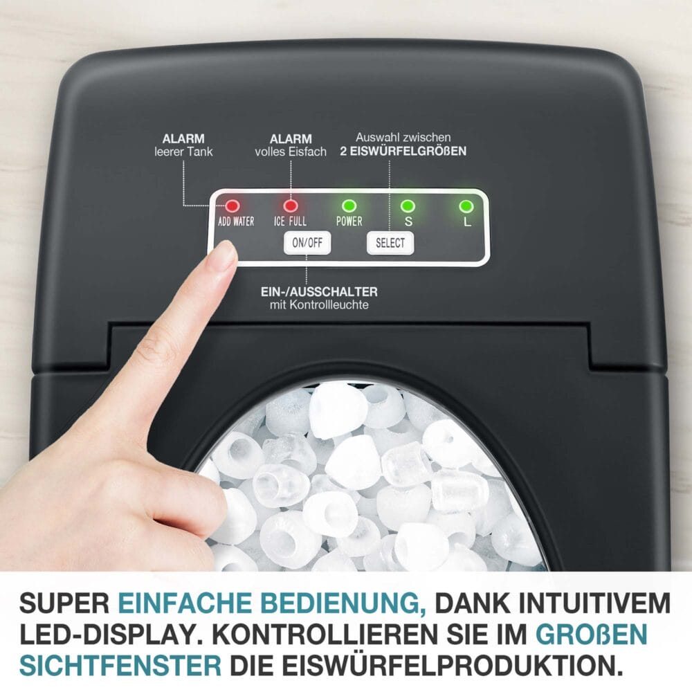 Tragbare und kompakte Eiswürfelmaschine (12kg/Tag) mit LED-Anzeige.