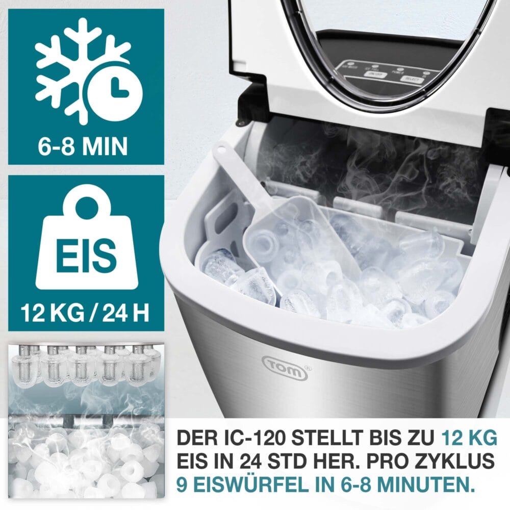 Kompakte Eiswürfelmaschine für 12kg/Tag, tragbar mit intuitiver LED-Anzeige.