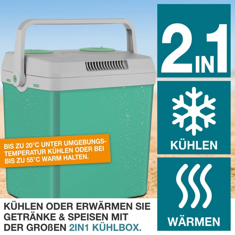 Kühlbox elektrisch, 25 Liter, leise im Betrieb, perfekt als Wärmebox für unterwegs.