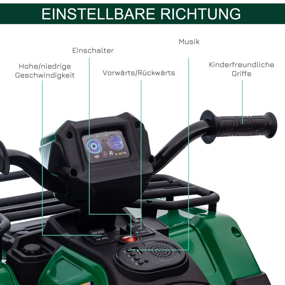 Schwarz-grünes Elektro-Kinderquad mit LED-Beleuchtung, ideal für Kinder ab 3 Jahren.