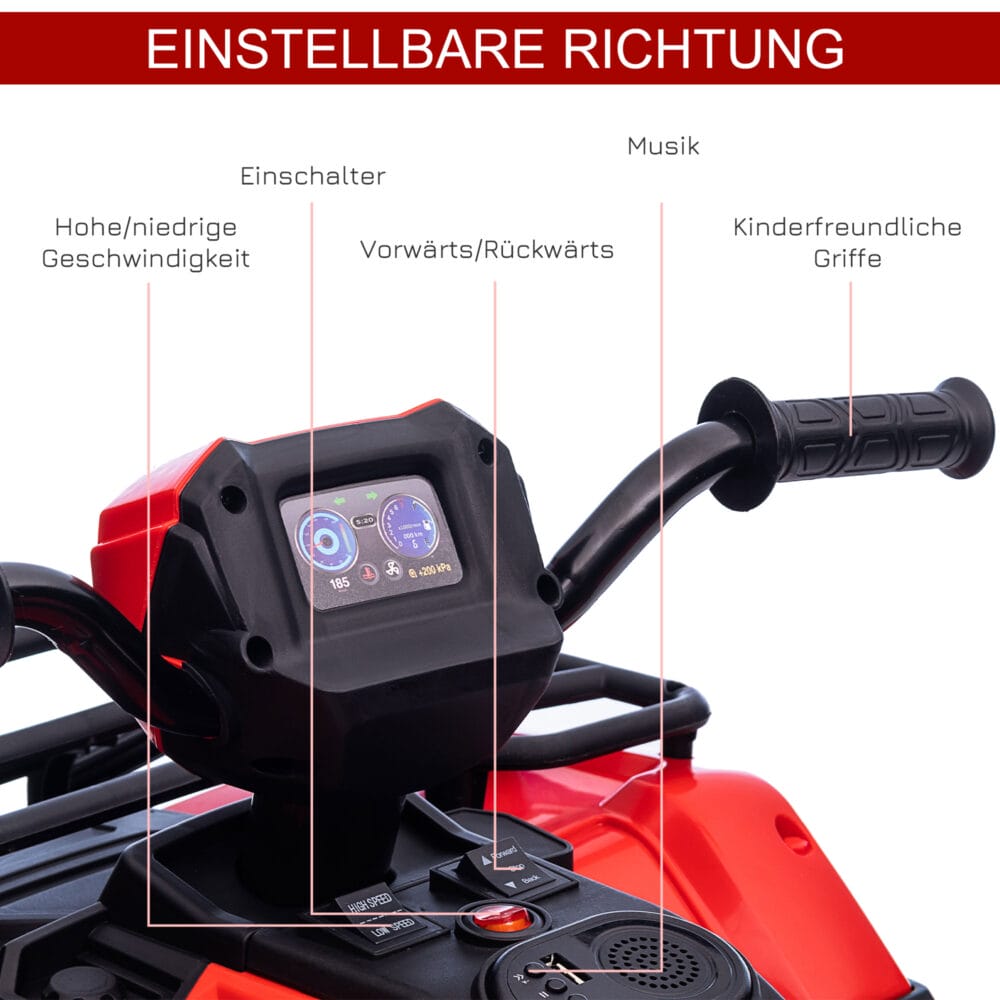 Schwarz-rotes Elektro-Kinderquad mit LED-Beleuchtung, ein aufregendes Kinderfahrzeug für Kinder ab 3 Jahren.