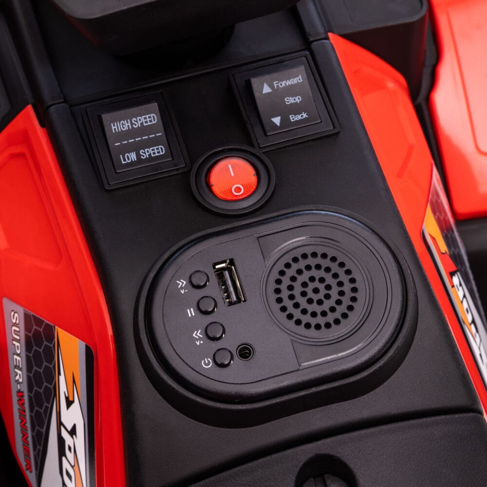 Schwarz-rotes Elektro-Kinderquad mit LED-Beleuchtung, ein aufregendes Kinderfahrzeug für Kinder ab 3 Jahren.