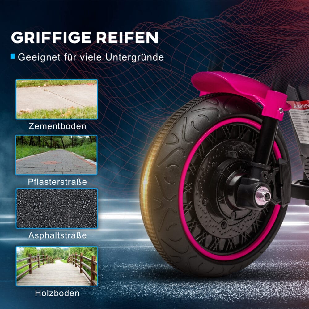 Rosa Elektro-Motorrad als Kinderfahrzeug mit Stützrädern, ideal für die ersten Fahrversuche von Kindern von 1.5-3 Jahren.