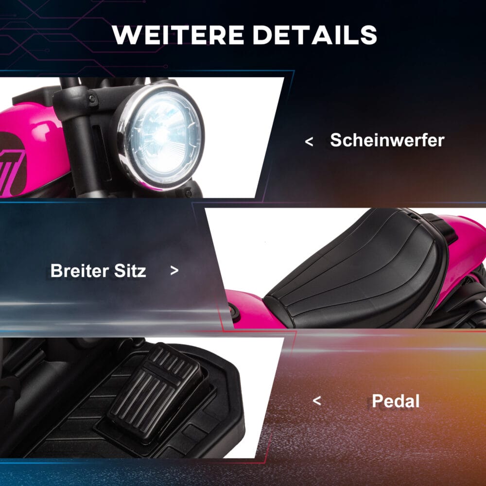 Rosa Elektro-Motorrad als Kinderfahrzeug mit Stützrädern, ideal für die ersten Fahrversuche von Kindern von 1.5-3 Jahren.