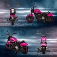 Rosa Elektro-Motorrad als Kinderfahrzeug mit Stützrädern, ideal für die ersten Fahrversuche von Kindern von 1.5-3 Jahren.