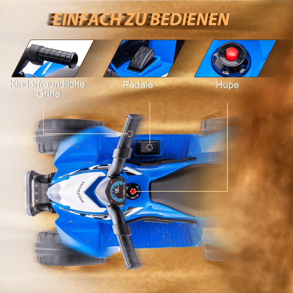 Blaues Elektro-Quad als Kinderfahrzeug mit LED-Beleuchtung und Hupe, ideal für Kinder ab 18 Monaten.