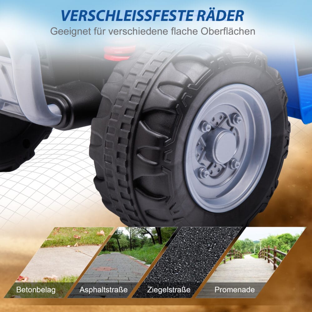 Blaues Elektro-Quad als Kinderfahrzeug mit LED-Beleuchtung und Hupe, ideal für Kinder ab 18 Monaten.