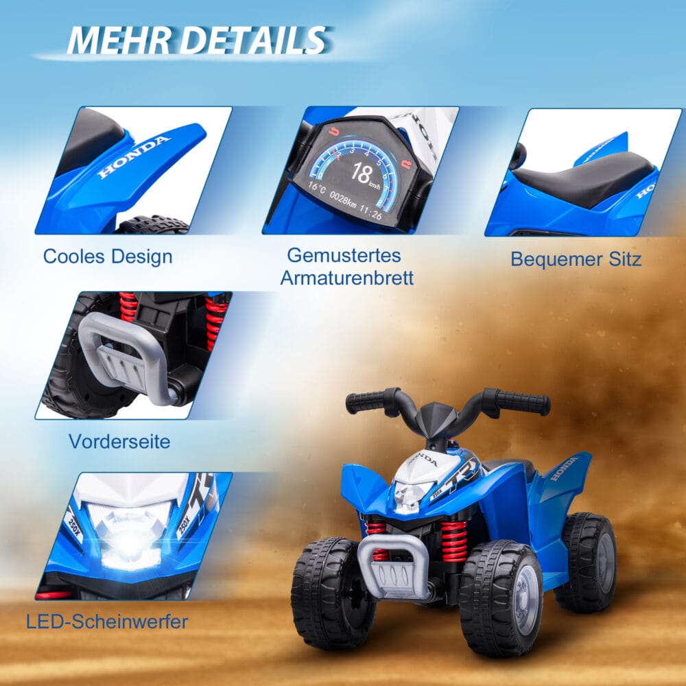 Blaues Elektro-Quad als Kinderfahrzeug mit LED-Beleuchtung und Hupe, ideal für Kinder ab 18 Monaten.