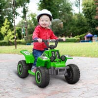Grünes Elektro-Quad für Kinder mit LED-Beleuchtung und Hupe, erreicht 3 km/h und ist geeignet für 1.5-3 Jahre. Ein spannendes Offroad-Erlebnis für die Kleinsten.
