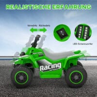 Grünes Elektro-Quad für Kinder mit LED-Beleuchtung und Hupe, erreicht 3 km/h und ist geeignet für 1.5-3 Jahre. Ein spannendes Offroad-Erlebnis für die Kleinsten.
