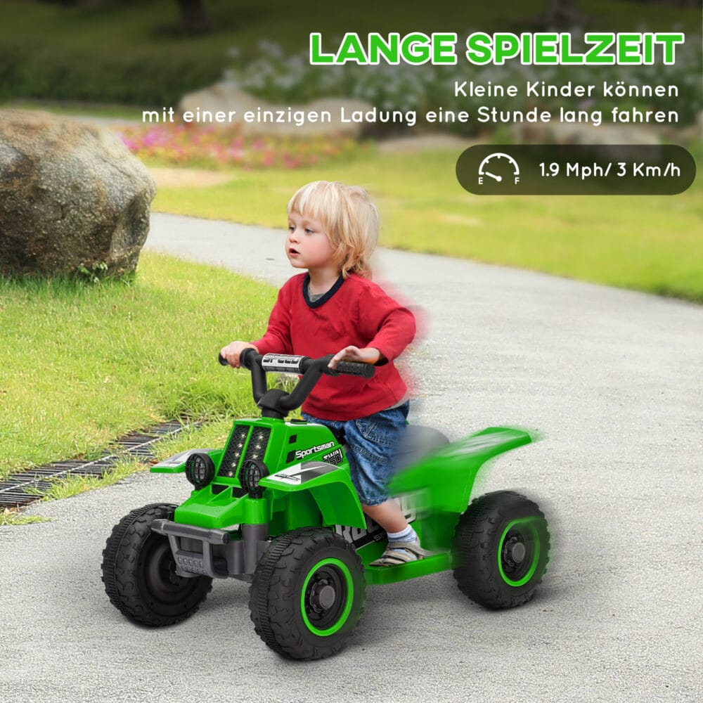 Grünes Elektro-Quad für Kinder mit LED-Beleuchtung und Hupe, erreicht 3 km/h und ist geeignet für 1.5-3 Jahre. Ein spannendes Offroad-Erlebnis für die Kleinsten.