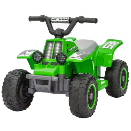 Grünes Elektro-Quad für Kinder mit LED-Beleuchtung und Hupe, erreicht 3 km/h und ist geeignet für 1.5-3 Jahre. Ein spannendes Offroad-Erlebnis für die Kleinsten.