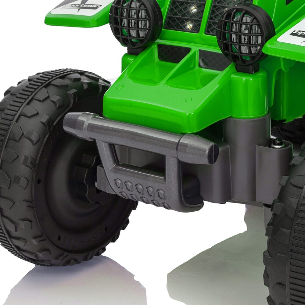 Grünes Elektro-Quad für Kinder mit LED-Beleuchtung und Hupe, erreicht 3 km/h und ist geeignet für 1.5-3 Jahre. Ein spannendes Offroad-Erlebnis für die Kleinsten.