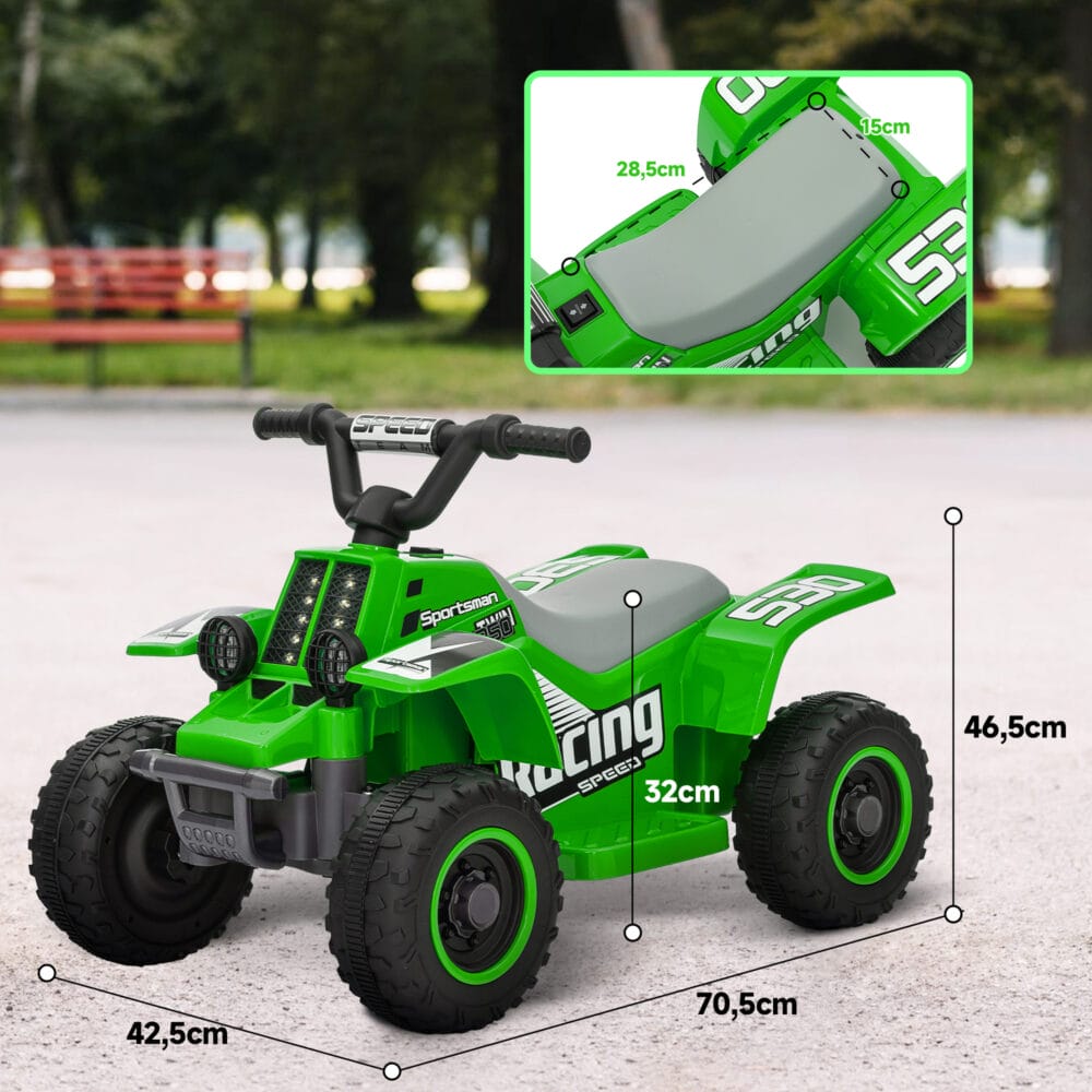 Grünes Elektro-Quad für Kinder mit LED-Beleuchtung und Hupe, erreicht 3 km/h und ist geeignet für 1.5-3 Jahre. Ein spannendes Offroad-Erlebnis für die Kleinsten.