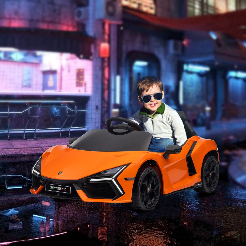 Oranges 12V Kinder-Elektroauto, erreicht eine Geschwindigkeit von 5 km/h und ist ideal für Kinder von 3-5 Jahren. Ein farbenfrohes Abenteuerfahrzeug.