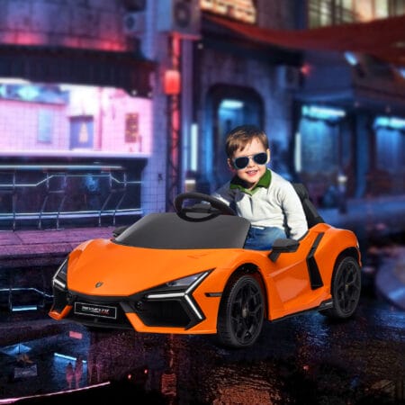 Oranges 12V Kinder-Elektroauto, erreicht eine Geschwindigkeit von 5 km/h und ist ideal für Kinder von 3-5 Jahren. Ein farbenfrohes Abenteuerfahrzeug.