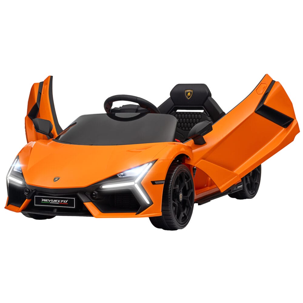 Oranges 12V Kinder-Elektroauto, erreicht eine Geschwindigkeit von 5 km/h und ist ideal für Kinder von 3-5 Jahren. Ein farbenfrohes Abenteuerfahrzeug.