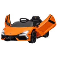 Oranges 12V Kinder-Elektroauto, erreicht eine Geschwindigkeit von 5 km/h und ist ideal für Kinder von 3-5 Jahren. Ein farbenfrohes Abenteuerfahrzeug.