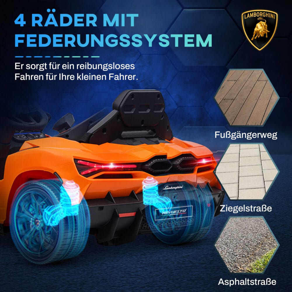 Oranges 12V Kinder-Elektroauto, erreicht eine Geschwindigkeit von 5 km/h und ist ideal für Kinder von 3-5 Jahren. Ein farbenfrohes Abenteuerfahrzeug.