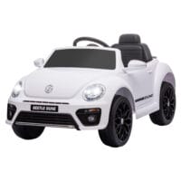 Weisses 12V Kinder-Elektroauto mit Fernbedienung und Musikfunktion, ideal für 3-5 Jahre. Ermöglicht Eltern Kontrolle und bietet musikalische Unterhaltung.