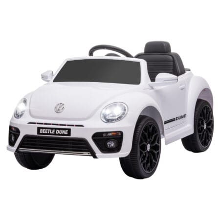 Weisses 12V Kinder-Elektroauto mit Fernbedienung und Musikfunktion, ideal für 3-5 Jahre. Ermöglicht Eltern Kontrolle und bietet musikalische Unterhaltung.