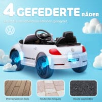 Weisses 12V Kinder-Elektroauto mit Fernbedienung und Musikfunktion, ideal für 3-5 Jahre. Ermöglicht Eltern Kontrolle und bietet musikalische Unterhaltung.