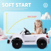 Weisses 12V Kinder-Elektroauto mit Fernbedienung und Musikfunktion, ideal für 3-5 Jahre. Ermöglicht Eltern Kontrolle und bietet musikalische Unterhaltung.