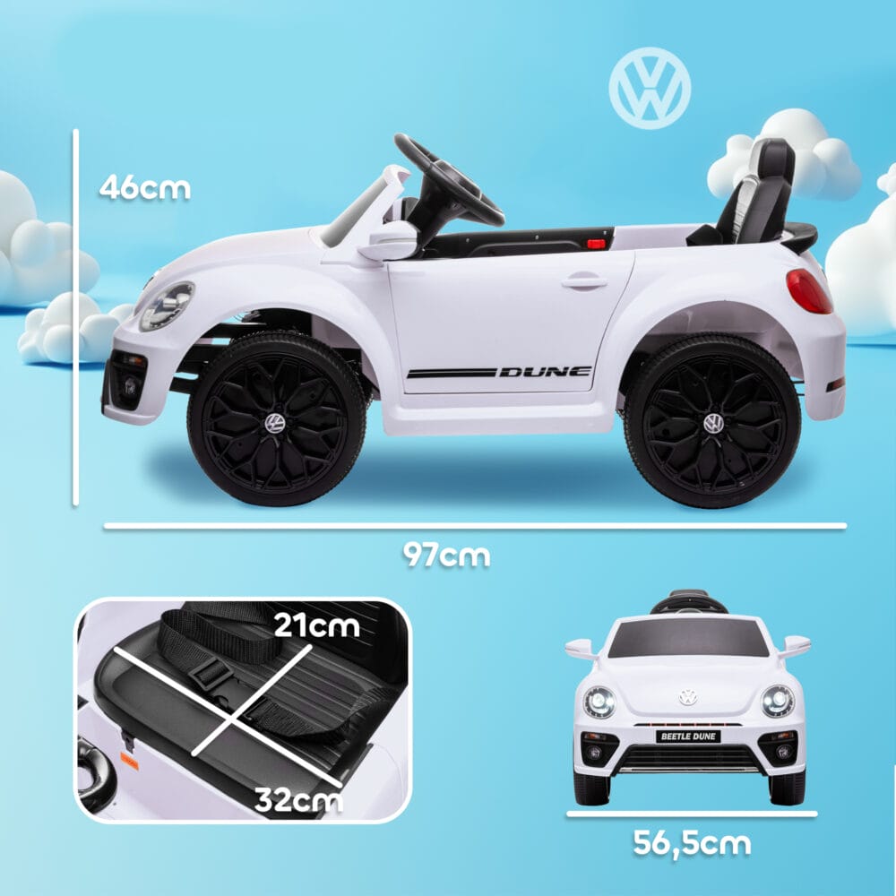 Weisses 12V Kinder-Elektroauto mit Fernbedienung und Musikfunktion, ideal für 3-5 Jahre. Ermöglicht Eltern Kontrolle und bietet musikalische Unterhaltung.