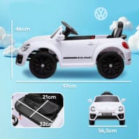Weisses 12V Kinder-Elektroauto mit Fernbedienung und Musikfunktion, ideal für 3-5 Jahre. Ermöglicht Eltern Kontrolle und bietet musikalische Unterhaltung.