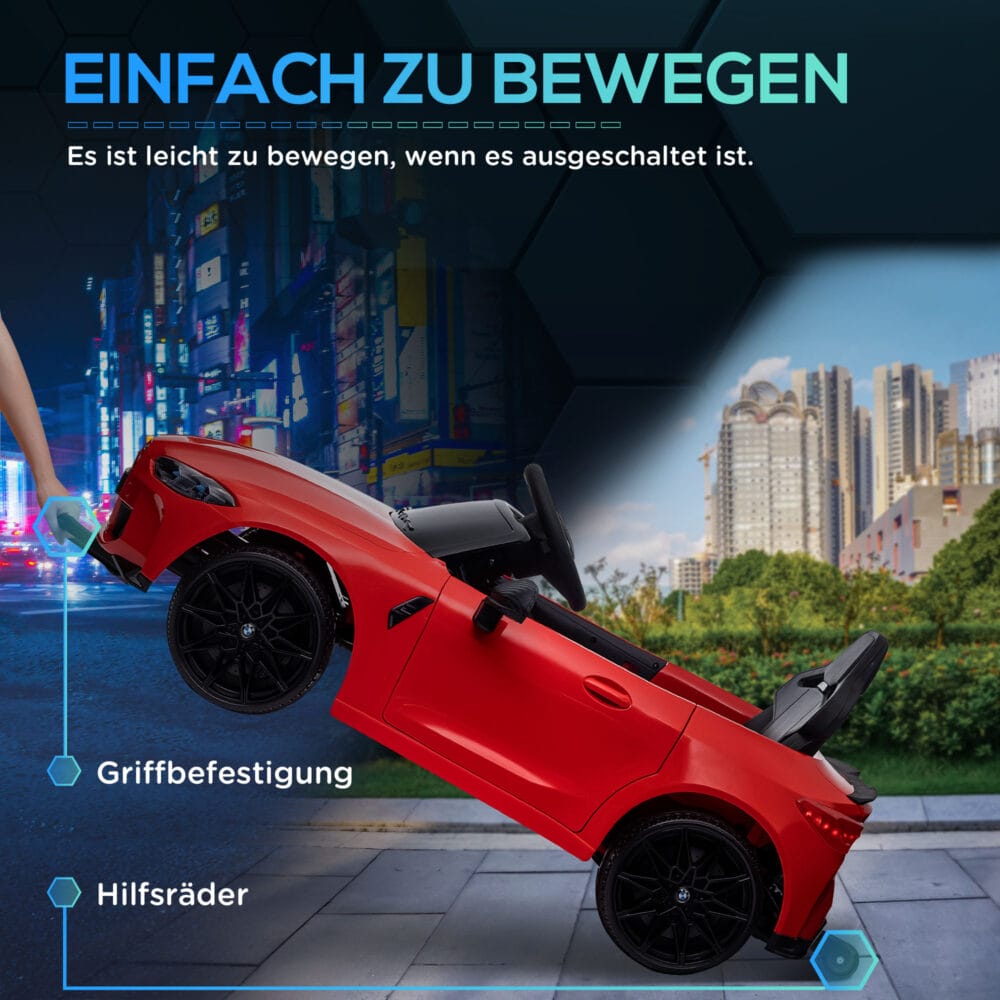 Rotes Elektroauto als Kinderfahrzeug mit 12V Akku, 2.4G Fernbedienung und MP3-Anschluss. Bietet stundenlangen Fahrspass mit Musik.