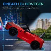 Rotes Elektroauto als Kinderfahrzeug mit 12V Akku, 2.4G Fernbedienung und MP3-Anschluss. Bietet stundenlangen Fahrspass mit Musik.
