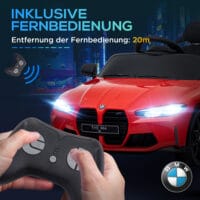 Rotes Elektroauto als Kinderfahrzeug mit 12V Akku, 2.4G Fernbedienung und MP3-Anschluss. Bietet stundenlangen Fahrspass mit Musik.