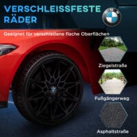 Rotes Elektroauto als Kinderfahrzeug mit 12V Akku, 2.4G Fernbedienung und MP3-Anschluss. Bietet stundenlangen Fahrspass mit Musik.