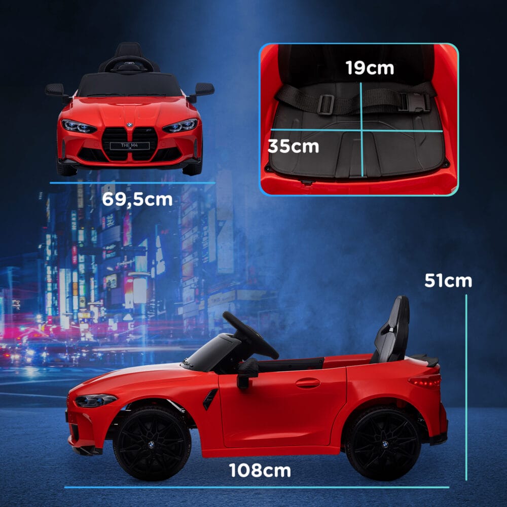 Rotes Elektroauto als Kinderfahrzeug mit 12V Akku, 2.4G Fernbedienung und MP3-Anschluss. Bietet stundenlangen Fahrspass mit Musik.