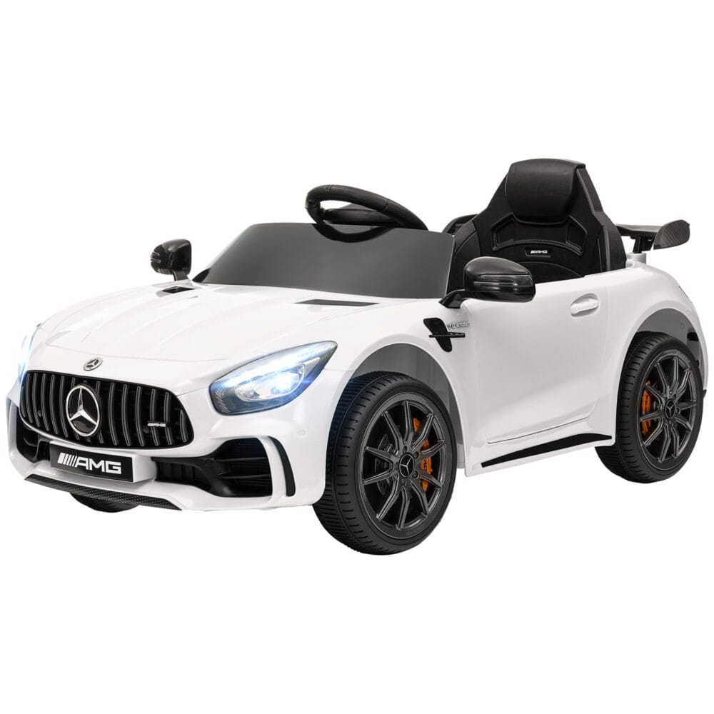 Weisses 12V Kinder-Elektroauto mit Fernbedienung, ideal für Kinder von 3-6 Jahren. Komfort und Kontrolle für Eltern und Kind.