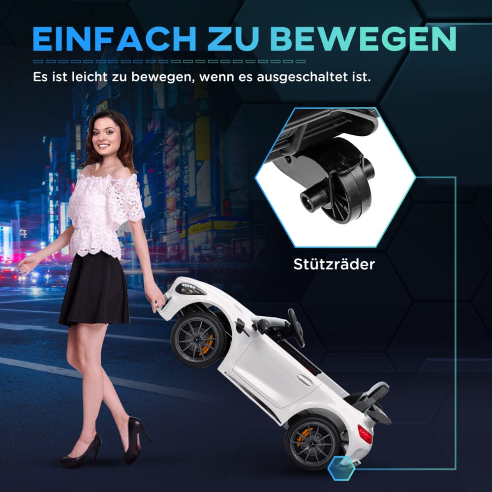 Weisses 12V Kinder-Elektroauto mit Fernbedienung, ideal für Kinder von 3-6 Jahren. Komfort und Kontrolle für Eltern und Kind.