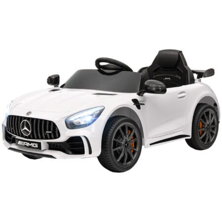 Weisses 12V Kinder-Elektroauto mit Fernbedienung, ideal für Kinder von 3-6 Jahren. Komfort und Kontrolle für Eltern und Kind.