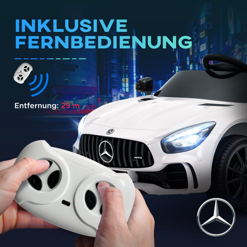 Weisses 12V Kinder-Elektroauto mit Fernbedienung, ideal für Kinder von 3-6 Jahren. Komfort und Kontrolle für Eltern und Kind.