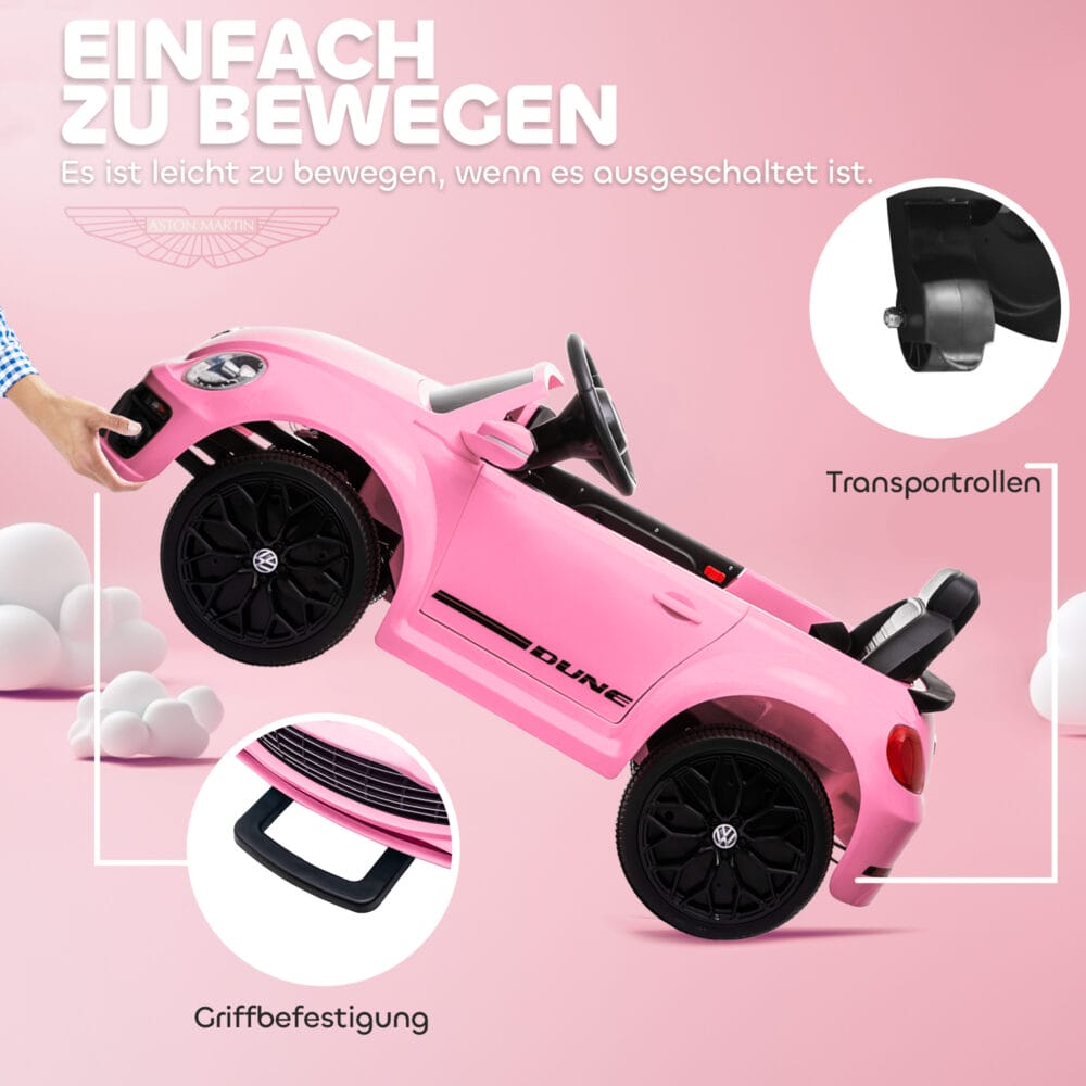 Rosa 12V Kinder-Elektroauto mit LED-Lichtern und USB-Anschluss, ideal für 3-5 Jahre. Ein modernes Fahrzeug mit Lichteffekten und Musik.