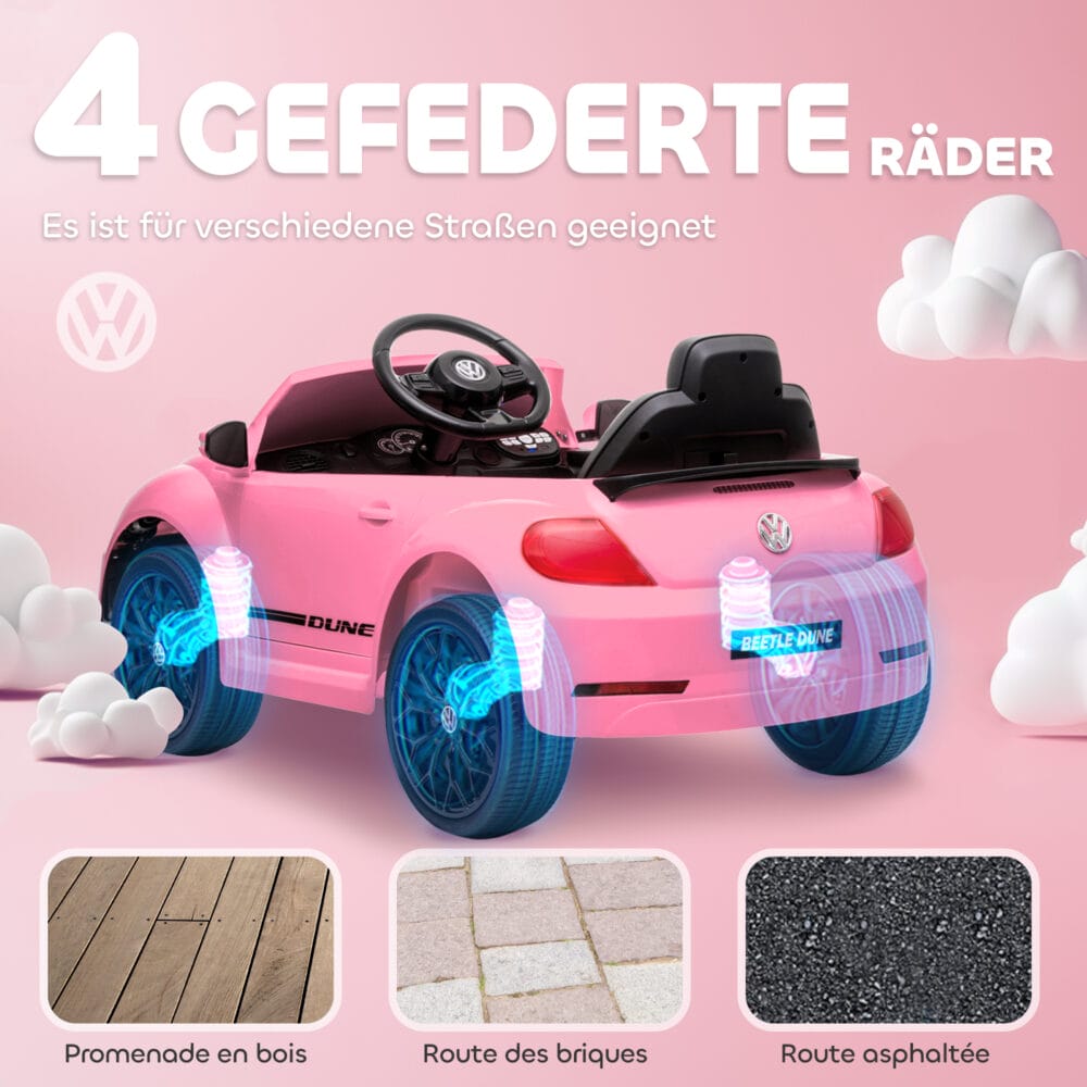 Rosa 12V Kinder-Elektroauto mit LED-Lichtern und USB-Anschluss, ideal für 3-5 Jahre. Ein modernes Fahrzeug mit Lichteffekten und Musik.