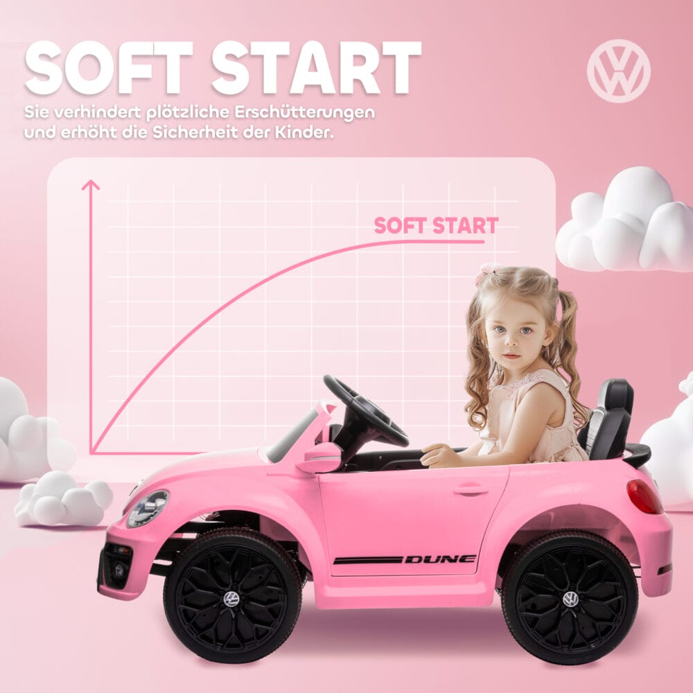 Rosa 12V Kinder-Elektroauto mit LED-Lichtern und USB-Anschluss, ideal für 3-5 Jahre. Ein modernes Fahrzeug mit Lichteffekten und Musik.