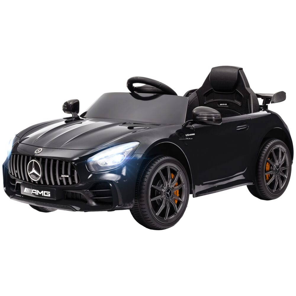 Schwarzes 12V Kinder-Elektroauto mit Sanftstart-Funktion, ideal für Kinder von 3-6 Jahren. Sanftes Anfahren für mehr Sicherheit.