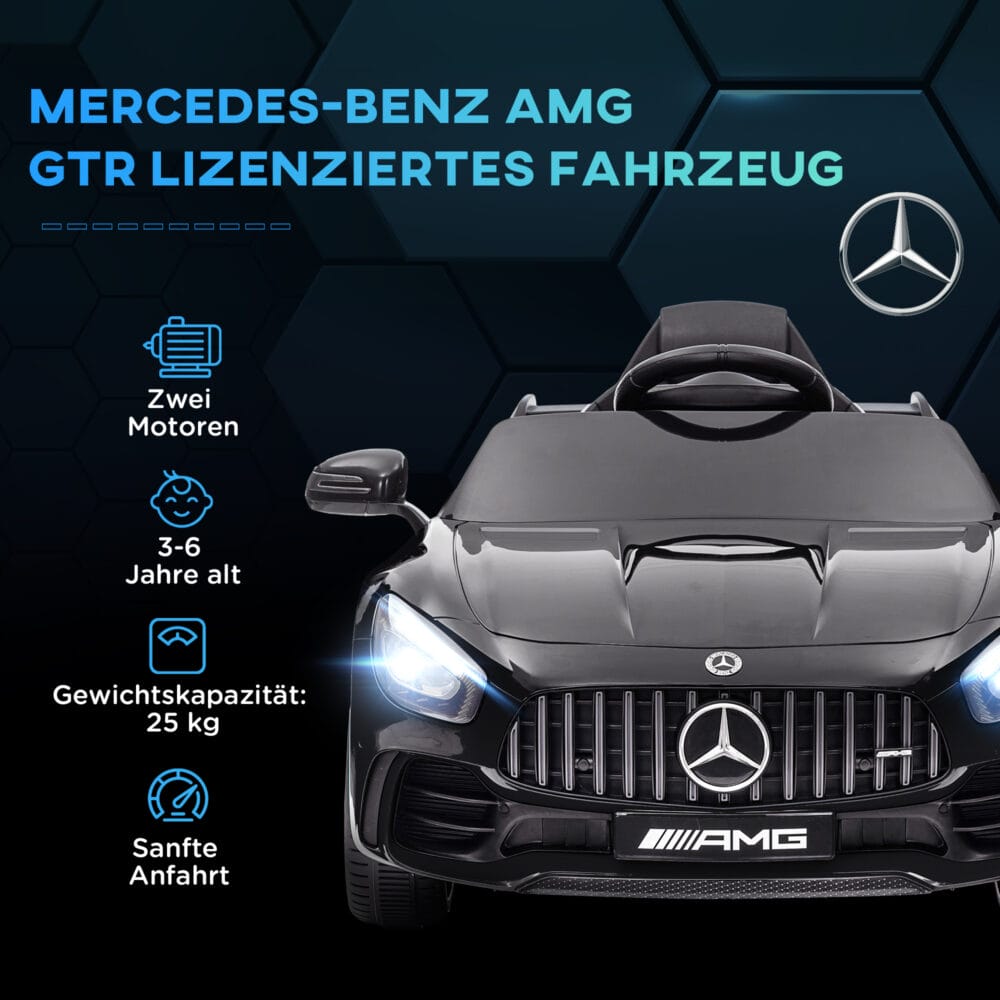 Schwarzes 12V Kinder-Elektroauto mit Sanftstart-Funktion, ideal für Kinder von 3-6 Jahren. Sanftes Anfahren für mehr Sicherheit.
