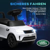 Weisses 6V Kinder-Elektroauto, erreicht eine Geschwindigkeit von 3 km/h und ist für Kinder von 1.5-5 Jahren geeignet. Ein sicheres und unterhaltsames erstes Auto.