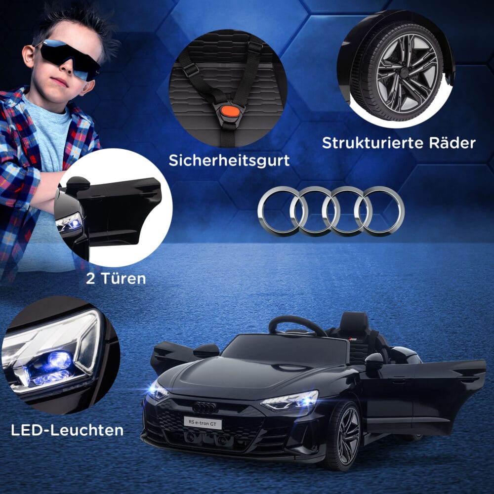 Schwarzes Elektroauto im lizenzierten AUDI RS e-tron GT Design, geeignet für Kinder ab 3 Jahren. Ein luxuriöses Fahrerlebnis für die Kleinsten.