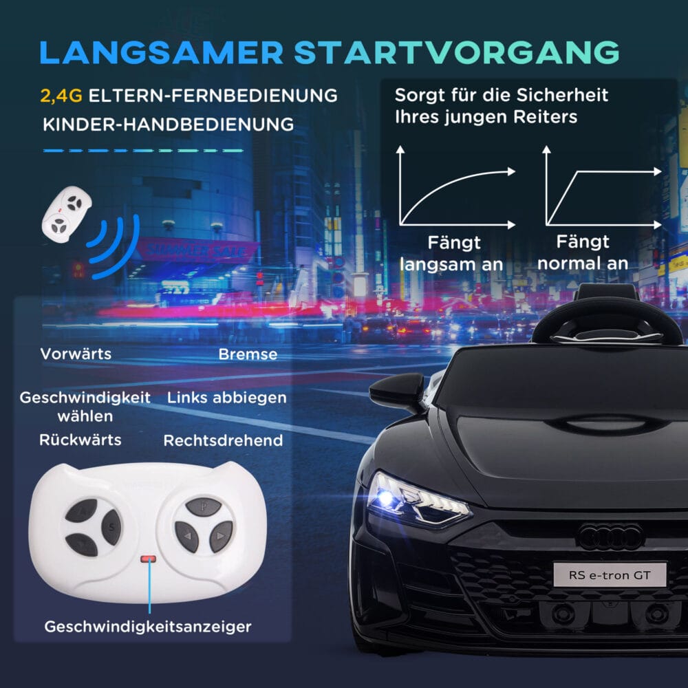 Schwarzes Elektroauto im lizenzierten AUDI RS e-tron GT Design, geeignet für Kinder ab 3 Jahren. Ein luxuriöses Fahrerlebnis für die Kleinsten.