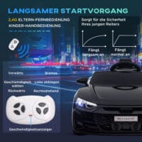 Schwarzes Elektroauto im lizenzierten AUDI RS e-tron GT Design, geeignet für Kinder ab 3 Jahren. Ein luxuriöses Fahrerlebnis für die Kleinsten.