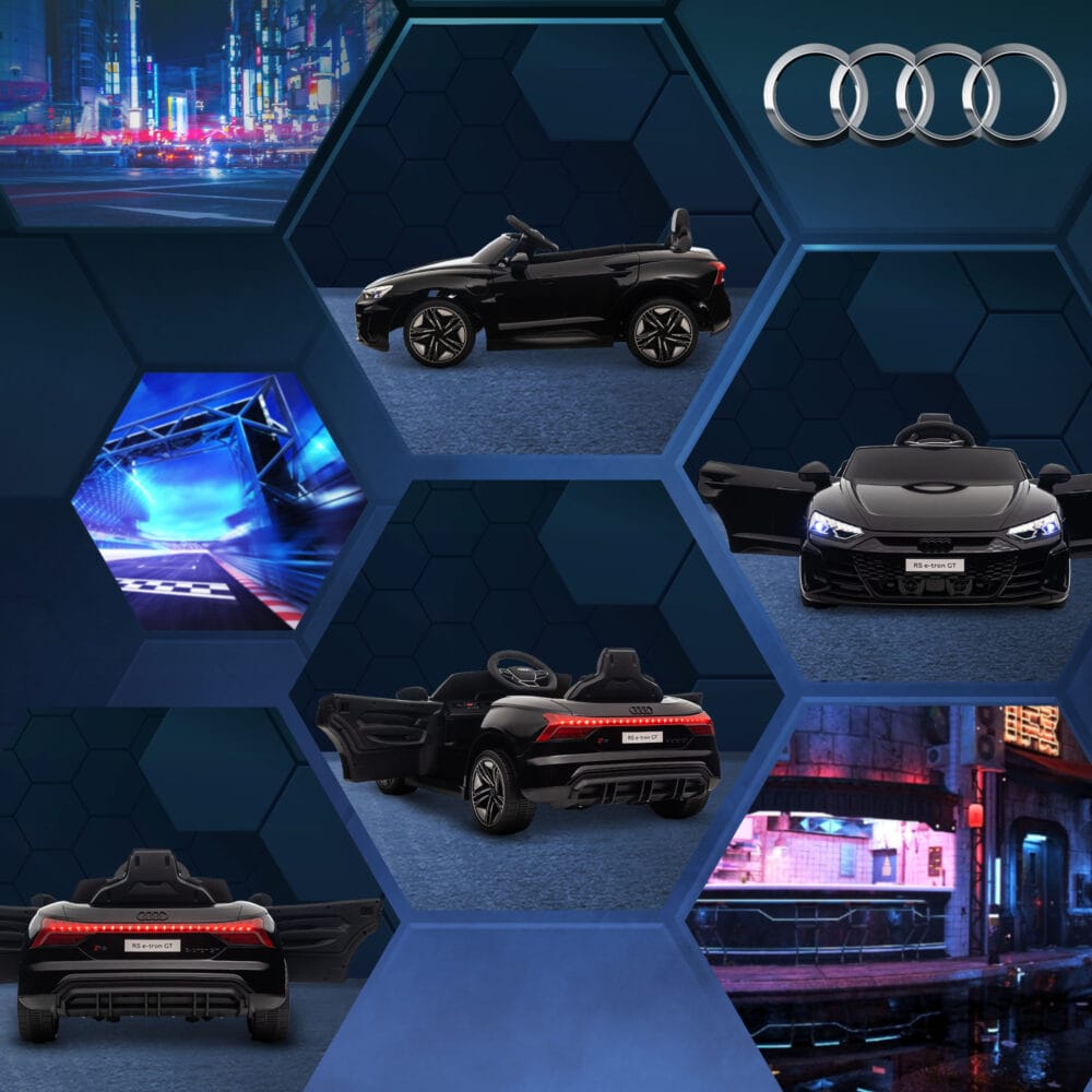 Schwarzes Elektroauto im lizenzierten AUDI RS e-tron GT Design, geeignet für Kinder ab 3 Jahren. Ein luxuriöses Fahrerlebnis für die Kleinsten.