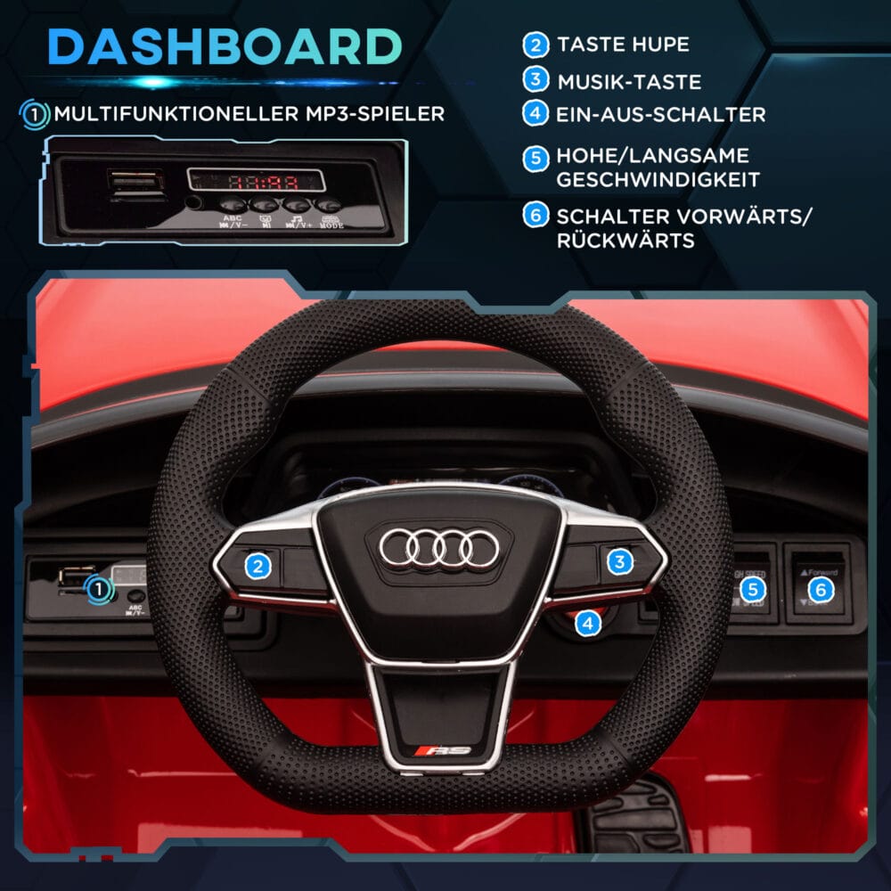 Rotes, robustes Elektroauto im lizenzierten AUDI RS e-tron GT Design, bietet sicheren Fahrspass für Kinder.